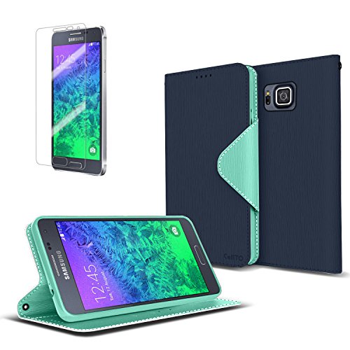 Cellto Samsung Galaxy Alpha Premium Wallet Case [Dual Magnetic Flap] Diary Cover /w ID Pocket ( Navy Mint ) + Life Time Warranty