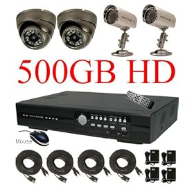 USA Security Store -- CCTV 4 High Resolution CCD Day/Night Vision Color Cameras with one H.264 4 Channels Video audio Security Surveillance DVR Digital Video Recorder System Built-in 500GB HDD, Included 4x65FT video cables and Power Supplies KIT. Supports Network Remote Viewing Over Internet, Windows IE, Windows Mobile, and Apple Mac FireFox.