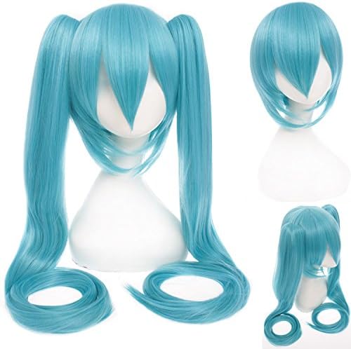 Fashion Kingdom Japanese Anime Hatsune Miku Figure Vocaloid Cosplay Wig with Two Ponytails Blue Long Straight Costume Party Wig Hair