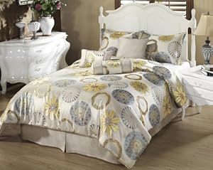 Chezmoi Collection 7-pieces Golden Beige Jacquard Sundial Floral Comforter Set Bed-in-a-bag Queen Size Bedding