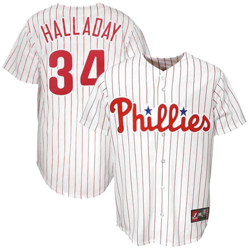 MLB Roy Halladay Philadelphia Phillies Youth Short Sleeve 6 Button Synthetic Replica Jersey (Wht/Scrlet Pinstrp, X-Large)