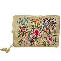 Silky Embroidered Brocade Jewelry Travel Organizer Roll Pouch - Champagne Gold