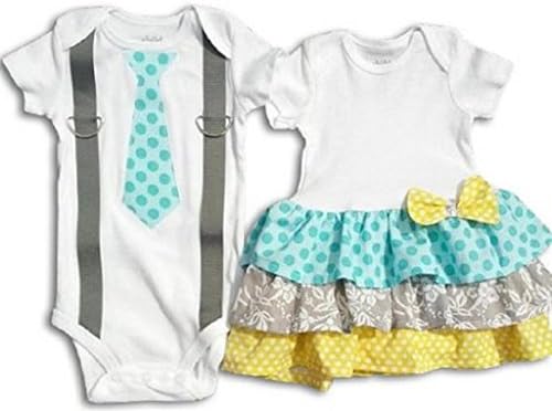 TheTwinShop Baby Girls' Grace & Grayson Twin Set 3M Aqua/Yellow/Gray - Short Sleeve