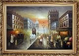 Washington DC City Sunset 1800's Oil Painting, with Ornate Antique Dark Gold Wood Frame 30 x 42 inches