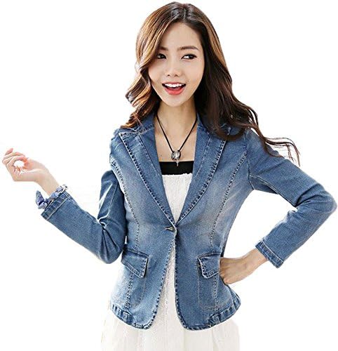 Feelmaker Women's Slim Fitting Lapel Denim Blazer Jacket