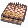Brown and Natural French Staunton Style Chess & Checkers Set with a 15 Inch Black Stained Board with storage Drawer, By Wood Expressions