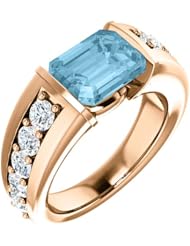 18K Rose Gold 9.00x7.00mm Emerald Cut Aquamarine and Diamond Ring -- LIFETIME WARRANTY