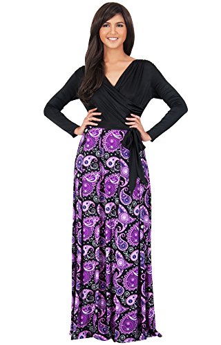 KOH KOH Women's Cross Over Long Sleeve Wrap Elegant Cocktail Maxi Dress - X-Large - Black and Purple