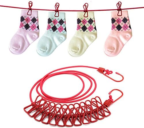 Portable Outdoor Travel Stretch Windproof Camping Clothesline Rope With 12 Clips / Red * FREE SHIPPING *