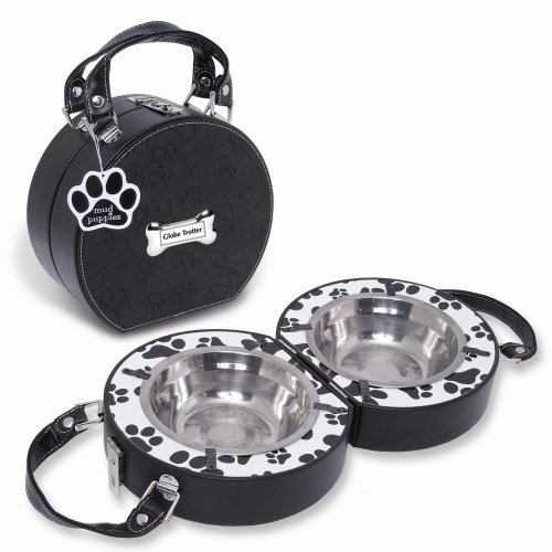 mudpie Pet Debossed Black Travel Kit with Feeding Bowls
