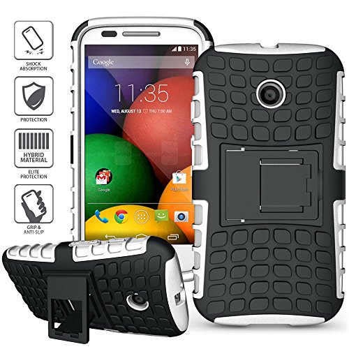 ElBolt Motorola E / Moto E 3 in 1 Bundle Armor Grenade Viewing Stand/Kickstand Hard Gel Case- White (Free Ultra-Sensitive Stylus Pen and Premium Screen Protector by ElBolt TM)