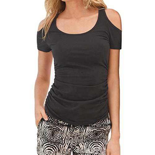 AJ FASHION Women's Scoop Neck Tees Casual Ruched Short Sleeve Cold Shoulder Top