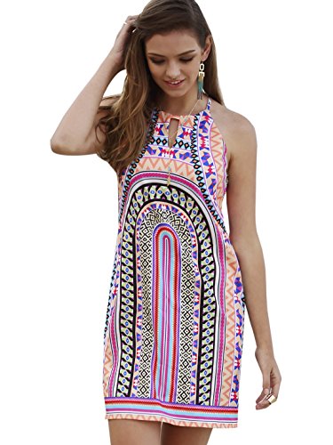 Floerns Women's Keyhole Printed Halter Neck Shift Mini Dress Pink M