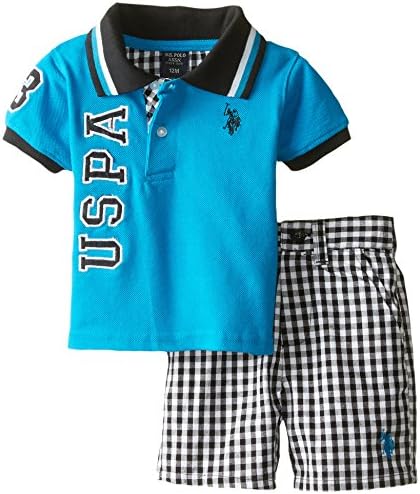U.S. Polo Assn. Baby-Boys Infant Pique Polo and Check Short, Teal Blue, 18 Months