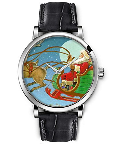 SPRAWL Analog Silver Large Face Black Leather Quartz Wrist Watch Accessories Holiday Gifts for Kids Santa Claus By Deer Car Flying In The Evening Watches