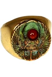 Patina Brass Egyptian Motif Scarab Ring - Carnelian