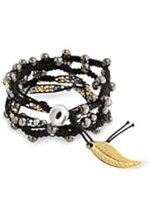 Bling Jewelry Gunmetal Beads Feather Charm Black Macrame Bracelet Wrap Wrist Silver Plated