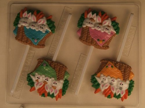 3 bunnies in basket w/ carrots in background E130 Easter Chocolate Candy Mold