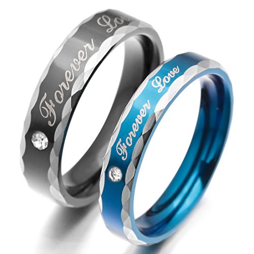 Men,Women's Wide 4mm 5mm Stainless Steel Band Ring CZ Black Silver Tone Blue Valentine Love Couple Wedding Engagement Promise
