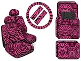 11 Piece Safari Animal Print Automotive Interior Gift Set - 4 Universal Fit Carpet Floor Mats, 2 Low Back Bucket Seat Covers with Separate Head Rests, Universal Fit Steering Wheel Cover and 2 Seat Belt Shoulder Pads - Hot Pink Zebra