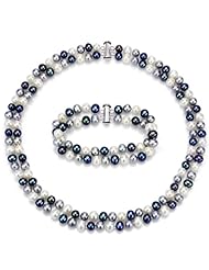 Sterling Silver 925 6.5-7mm 2 Rows Cultured Freshwater Pearl Multi Color High Luster Necklace 17"-18" with 7.25" Bracelet.