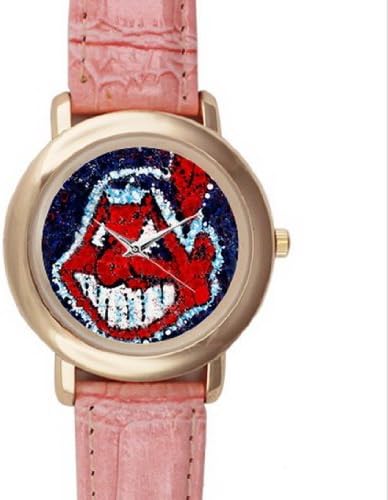 Round Pink Leather Lady's Watch with MLB Cleveland Indians Image to Give As a Special Gift
