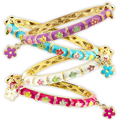 Fashion Jewelry for Girls! Gorgeous Enamel Bangle Bracelet 18kt Gold Plated Flower Charm Bracelets