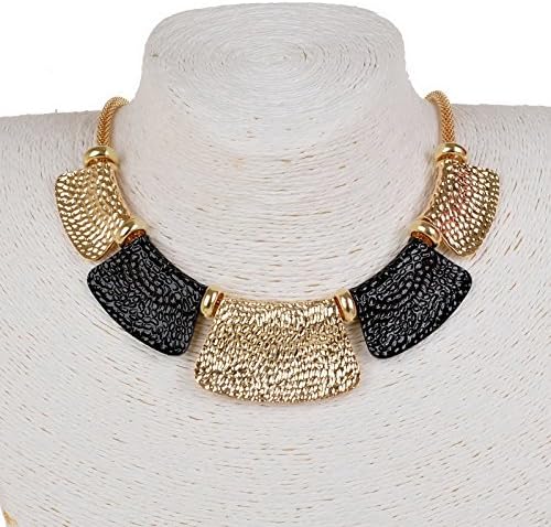 Black Enamel Beads Gold Plated Bib Collar Mesh Pendant Necklace