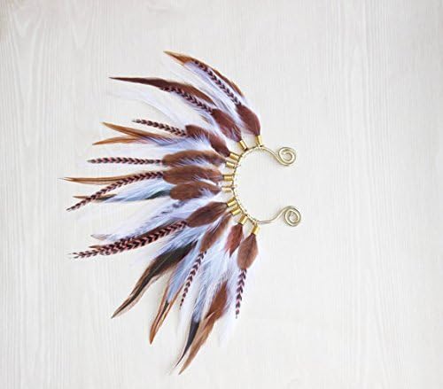 Mohawk Feather Ear Wrap / Cuff in Natural Brown &amp; White with Blush Pink Grizzly Accents