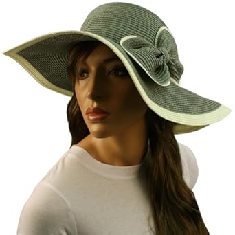 50+ Upf Ribbon Bow Beach Summer Braid Wide Brim Floppy Sun Hat Cap Gray 57cm