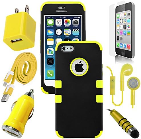 Celkits 7 Item Bundle for Apple iPhone 5 / 5S Yellow Triple Protective Hybrid Case Cover, USB Car Charger Plug, USB Home Charger Plug, USB 2.0 Data Cable, Metallic Stylus Pen, Stereo Headset & Screen Protector Kit.