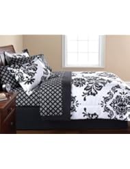 Black & White Damask Queen Comforter & Sheet Set (8 Piece Bed In A Bag)