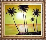 Beachside Palm Trees Under Golden Sunset Oil Painting, with Exquisite Dark Gold Wood Frame 26.5 x 30.5 inches