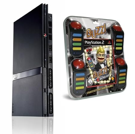 Playstation 2 - Konsole PS2 Black Slim & BUZZ: Das Film-Quiz & Buzzer
