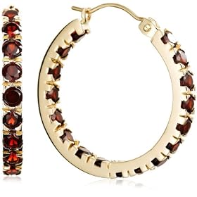 14k Yellow Gold Garnet Hoop Earrings by