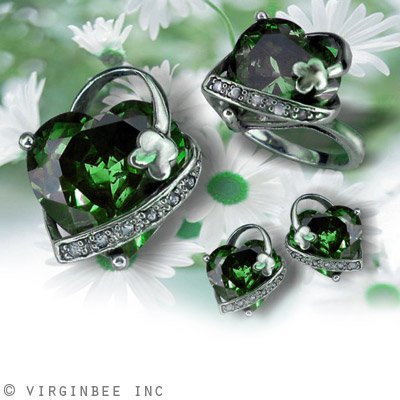 EMERALD GREEN HEART IRISH SHAMROCK STERLING 925 SILVER JEWELRY SET PENDANT NECKLACE EARRINGS STUDS RING SIZE 5