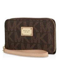 Wireless: MICHAEL Michael Kors Womens Exclusive Saffiano Leather Multi Function iPhone 5 / 4/4S/3GS/3G Smart Phone Wallet Case Clutch Wristlet (Brown MK Logo) - Michael Kors