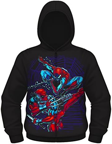 Deadpool & SpiderMan Dual Danger Black Mens Zip Up Fleece Hoodie Marvel Exclusive (2XL)