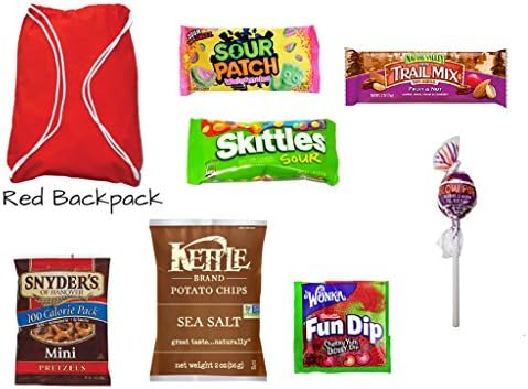 RED BACK PACK WITH SNACKS:| Perfect for any age and occasion: Away at College | Going to the Movies | After Class | Campers | Great Snacks