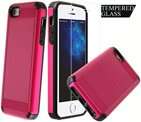 Dual Layer Armor [Free Tempered Glass Screen Protector][ Drop Protection] Full Body Protective Hybrid Case cover for Apple iPhone 5 / 5S / 5SE (Hot Pink)