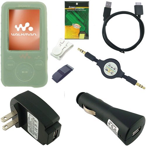8 Item Bundle - 8in1 - Green Silicone Skin Case, USB Car Charger, USB Wall / Travel / AC Adapter Charger, 2in1 Sync USB Cable, 3.5mm Aux Retractable Cable, Belt Clip, Armband, and Screen Protector / Guard for Sony Walkman NWZ E436 E438 Series