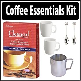 Essential Coffee Lovers Bundle with Cleancaf Machine Cleaner Frothing Pictcher Two Bodum Coffee Mugs and Two Demi Teaspoons