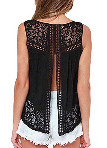 KOINECO Hollow Out Lace Crochet Black Tank Tops for Women