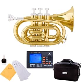 Mendini MPT-L Gold Brass B Flat Pocket Trumpet w/ Case, Accessories & Chromatic Tuner with Metronome