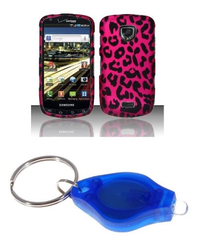 Premium Hot Pink and Black Leopard Design Rubberized Shield Hard Case Cover + Atom LED Keychain Light for Samsung Droid Charge (Verizon)