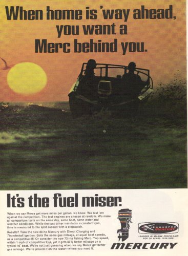 SportingGoods: 1969 Print Ad. Mercury Boat Motors  When Home is Way Ahead, You want a Merc Behind You