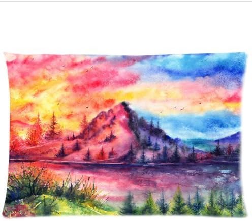 Amxstore Cotton Polyester Decorative Throw Pillow Cover Cushion Case Pillow Case painted landscape watercolor mountain sunset river trees birds