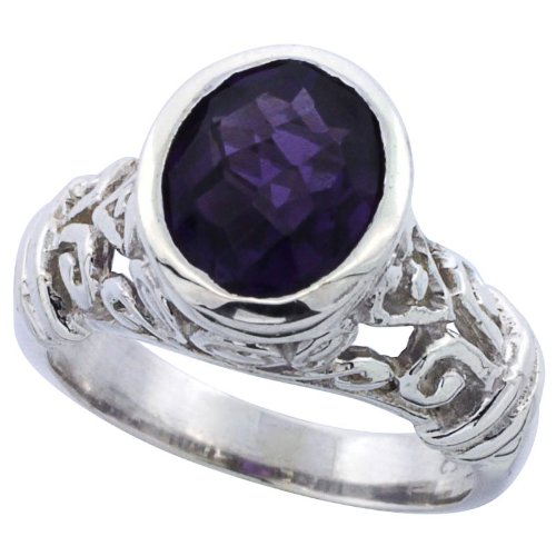 Sterling Silver Wedding & Engagement Ring Sterling Silver Bali Inspired Oval Filigree Ring w/ 10x8mm Oval Cut Synthetic Amethyst Stone For Women 12MM ( Size 5 to 10)