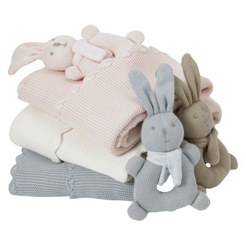 Living Textiles Baby Stroller Knitted Blanket & Rattle - White