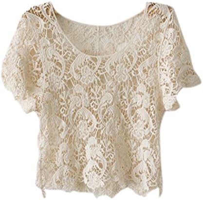 Iwoo Hollow Lace Knit Women Tops Tee Shirt